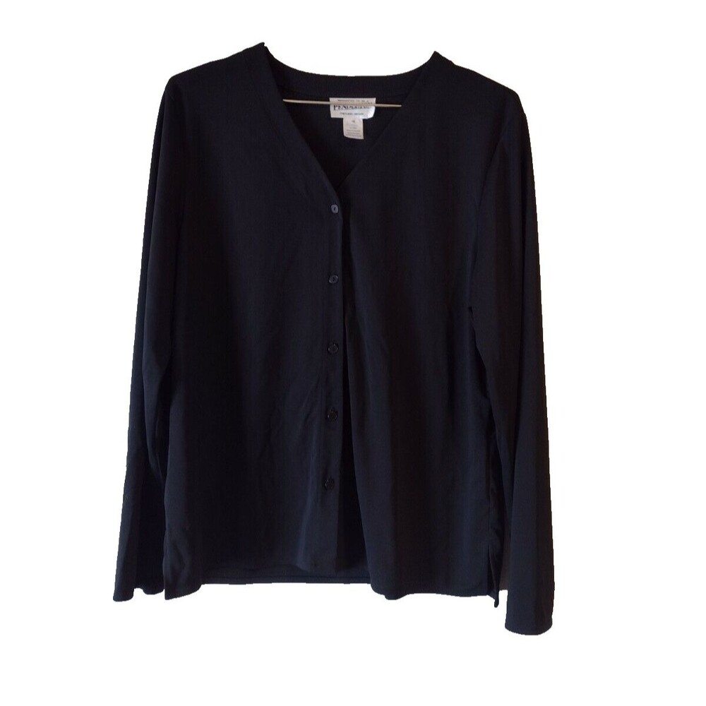 Pendleton 12 Long Sleeve Button Front Shirt Polyester Black Women V-Neck